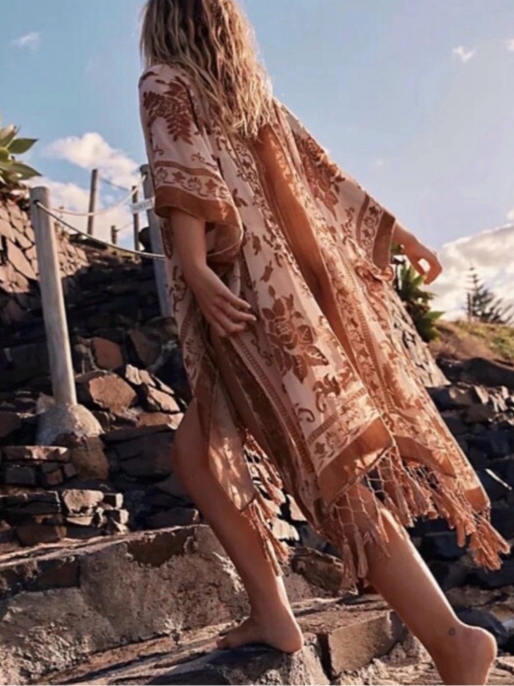 Free People Nightbird Burnout Kimono in warm sand